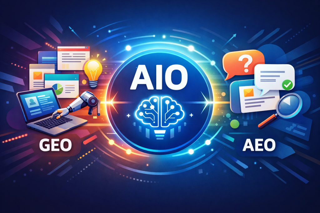 AIO, GEO and AEO explained – AI-driven search optimization concepts by Netwerkzone